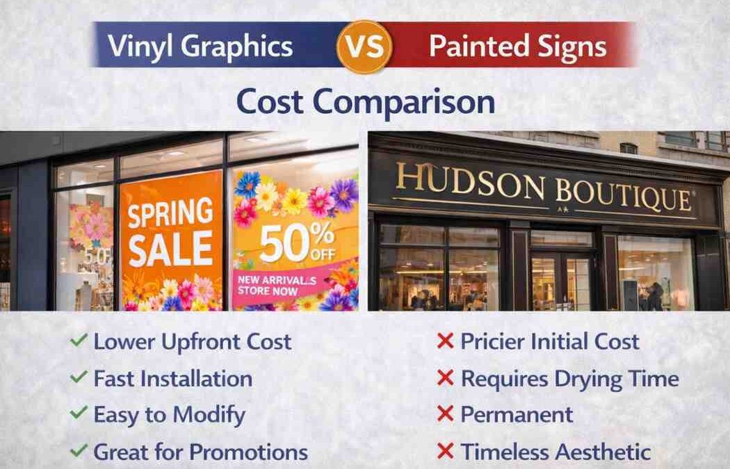 Side-by-side comparison of vinyl graphics and painted storefront signs showing cost, durability, and branding differences for businesses.