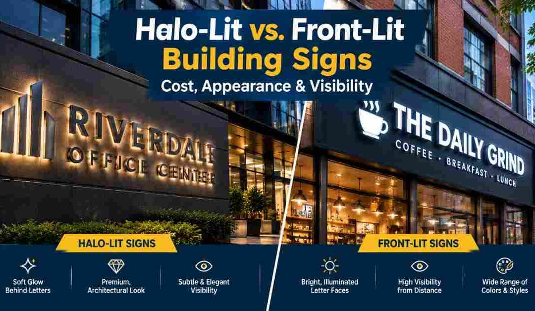 Halo-Lit vs. Front-Lit Building Signs: Cost, Appearance & Visibility