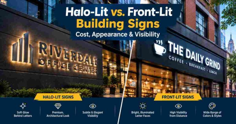 Halo-Lit vs. Front-Lit Building Signs: Cost, Appearance & Visibility